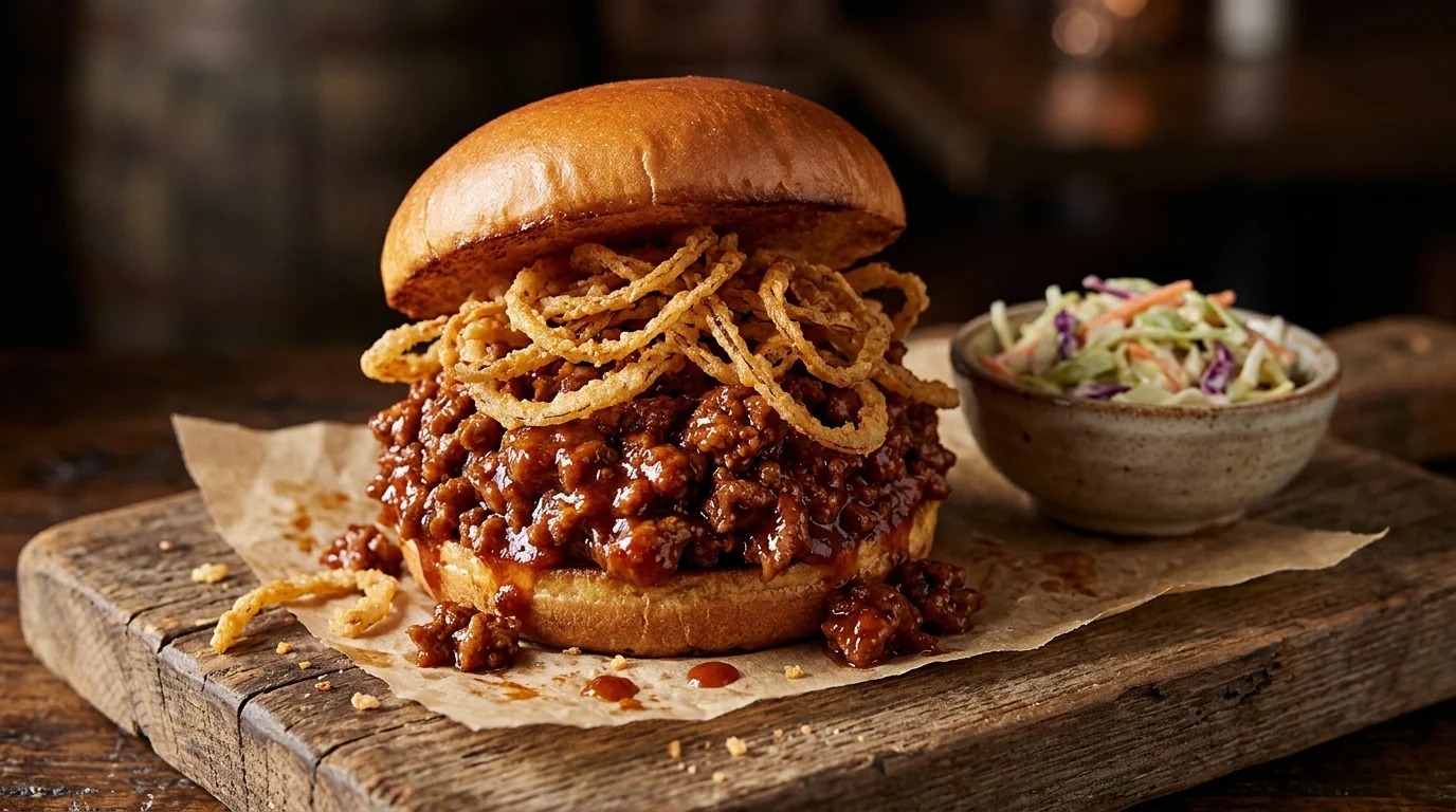 Smoky BBQ sloppy joes topped with crispy onion strings