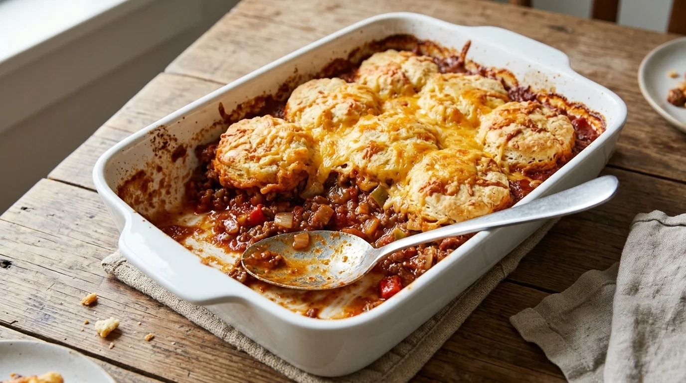 Sloppy joe casserole with golden biscuit topping in a white baking dish