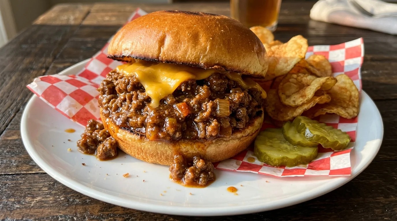 Homemade sloppy joes on a toasted brioche bun with cheddar and pickles