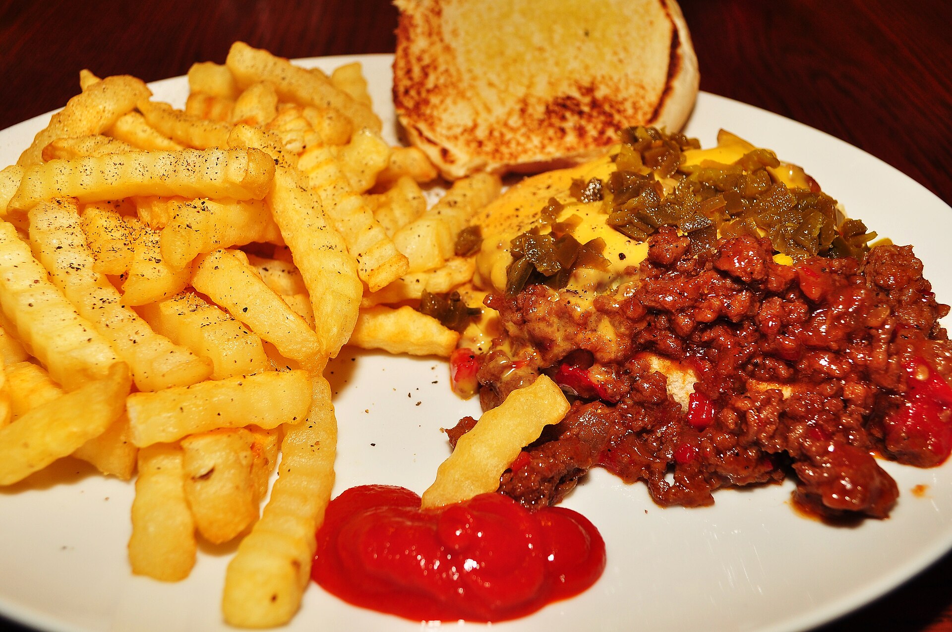 Diner style sloppy joes with french fries and ketchup