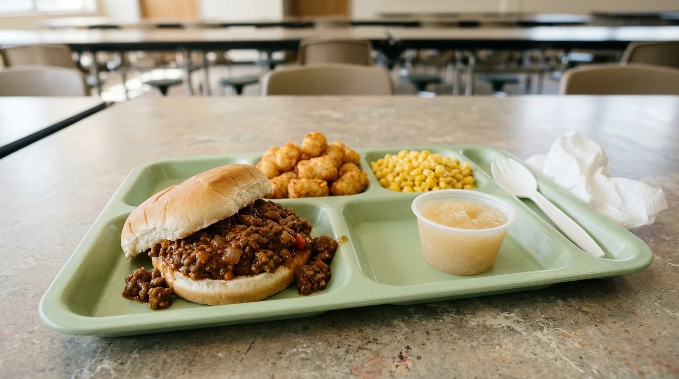 School cafeteria style sloppy joe on a green lunch tray with tater tots and corn