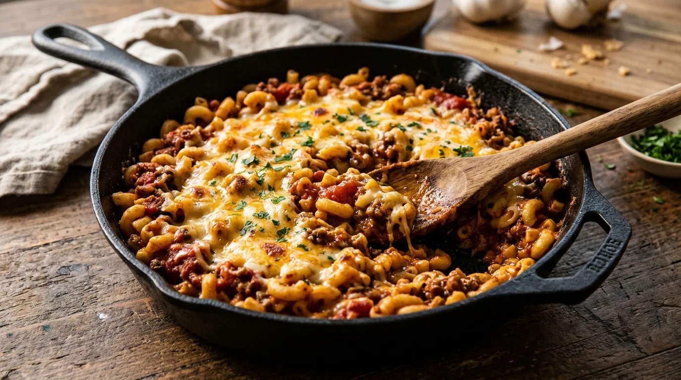Cheesy ground beef pasta with melted cheddar in a cast iron skillet