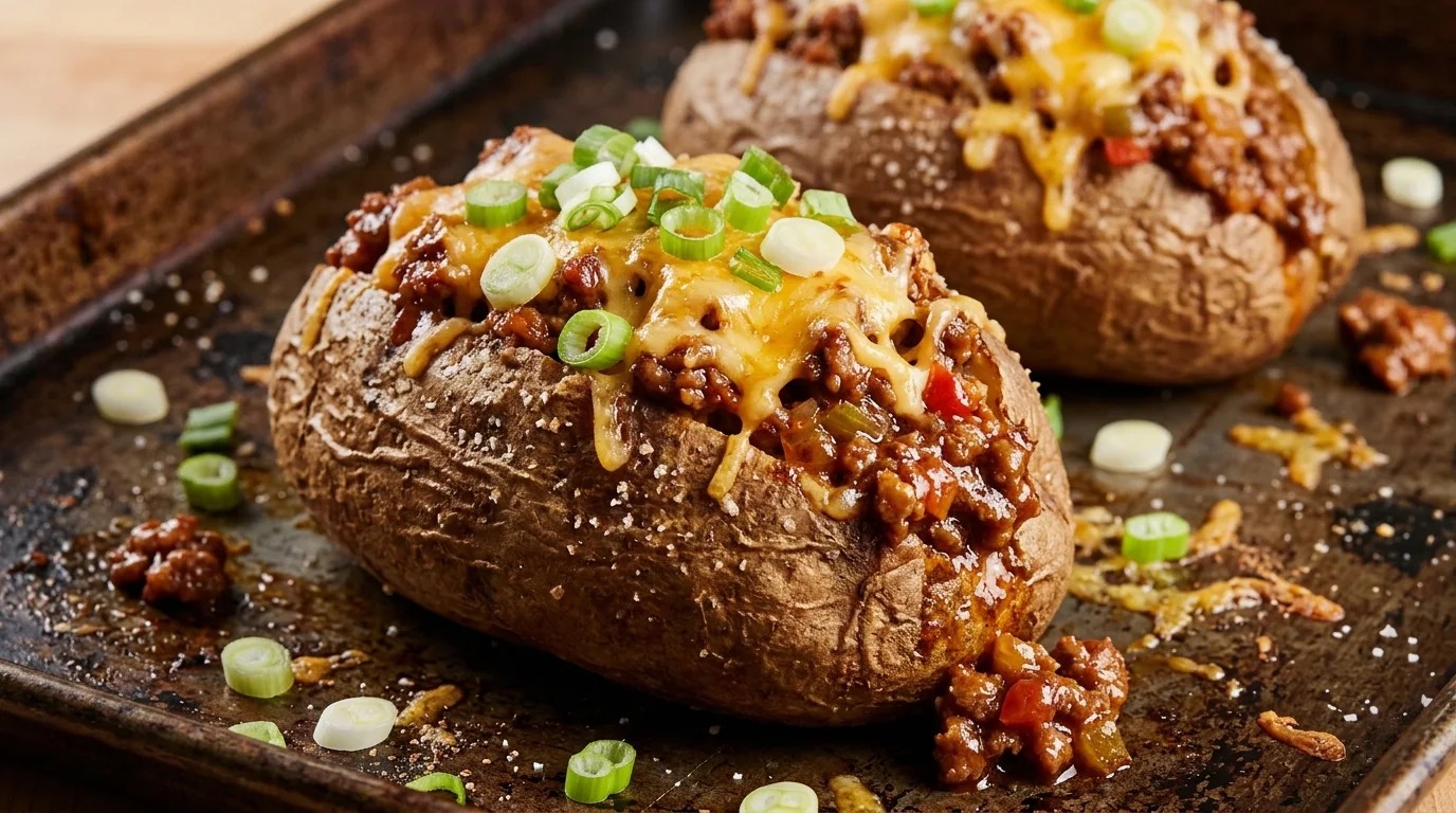 Baked potatoes loaded with ground beef sauce, cheddar and green onions