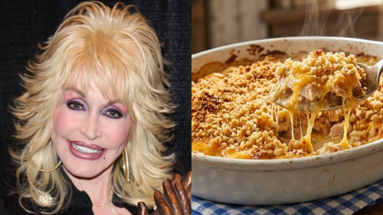 Dolly Parton smiling next to a cracker topped Dolly Parton chicken casserole