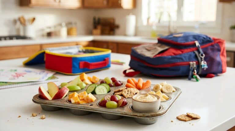 After school snacks in a muffin tin with fruit, cheese, crackers and hummus
