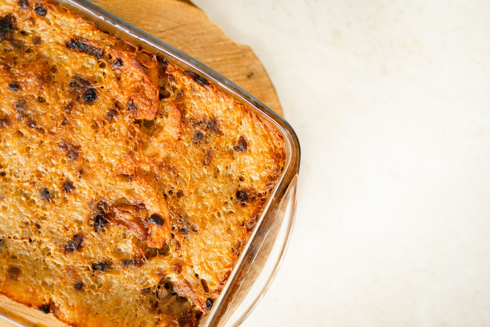 Bread pudding baked in a glass dish