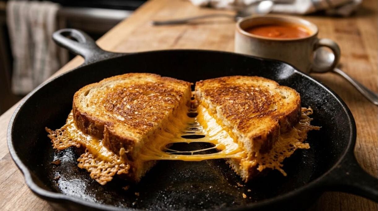 Golden grilled cheese pulled apart with melted cheese in a cast iron skillet