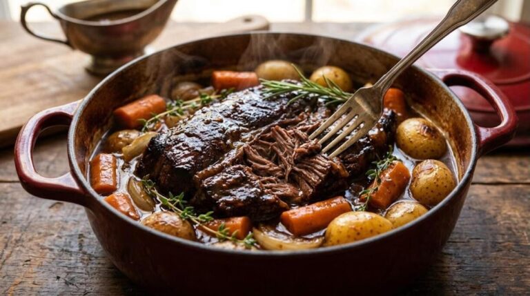 Pot roast in a red Dutch oven with carrots, potatoes and herbs
