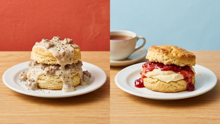 American biscuits and sausage gravy beside a British scone with jam and cream