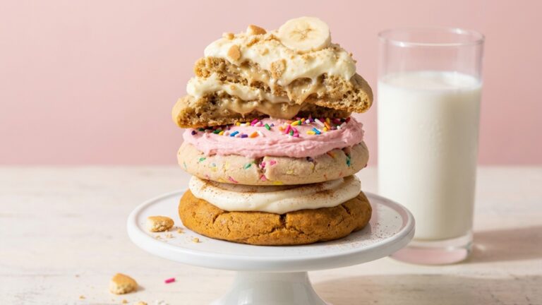 Three giant bakery style cookies stacked on a white cake stand with a glass of milk