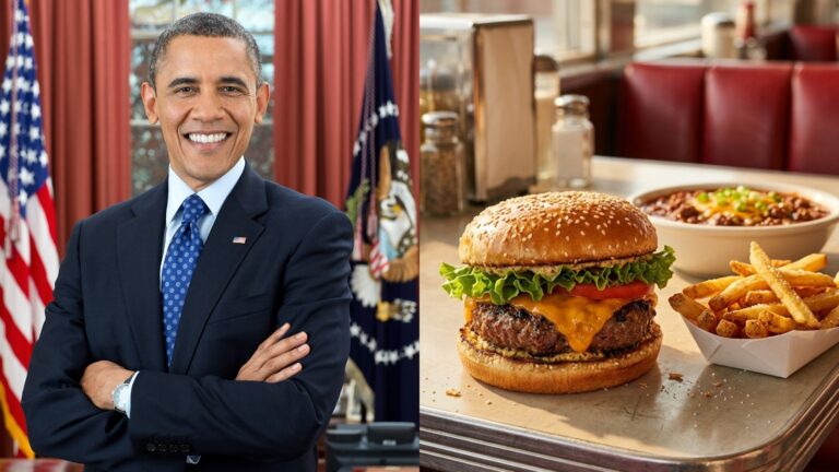 Real photo of Barack Obama beside a cheddar cheeseburger with lettuce, tomato and Dijon