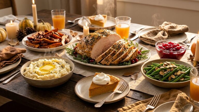 Thanksgiving table with turkey breast, cauliflower mash, green beans and crustless pumpkin pie