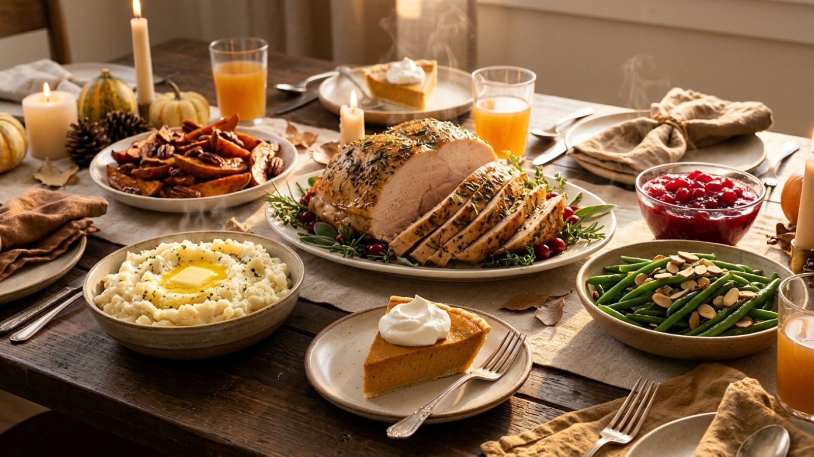 Lower sugar Thanksgiving table with turkey breast, cauliflower mash, green beans and pumpkin pie