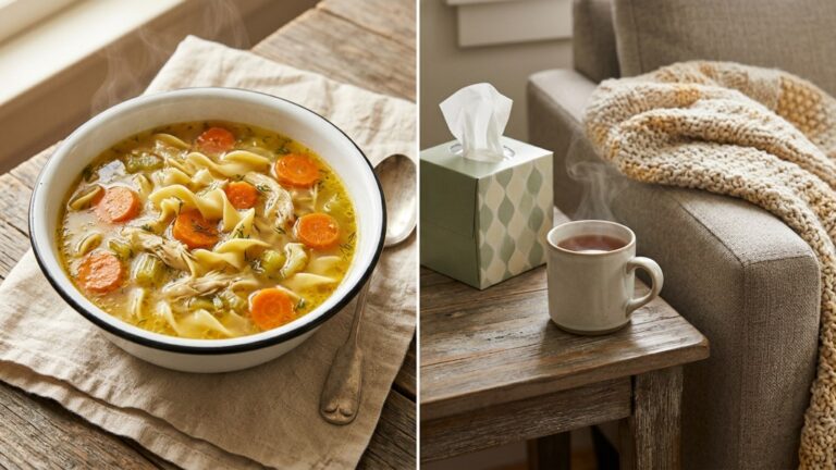 Bowl of homemade chicken noodle soup beside a cozy blanket, tea and tissues