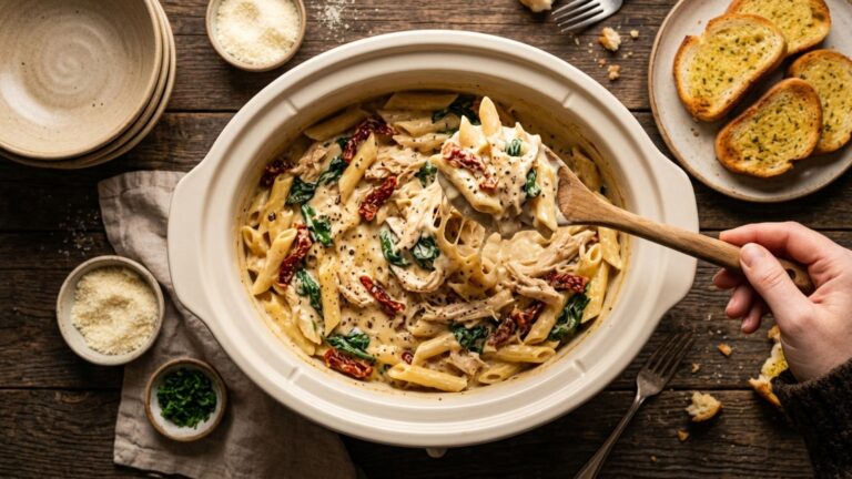 Creamy crockpot chicken pasta with spinach and sun-dried tomatoes in a slow cooker