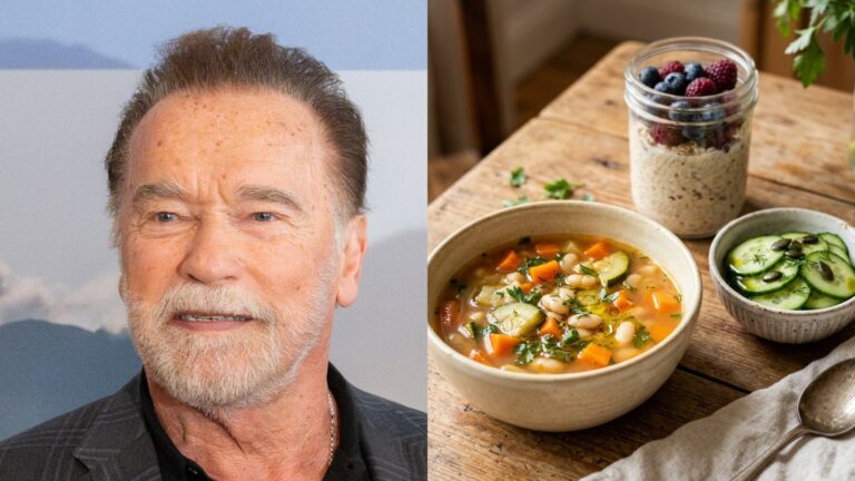 Arnold Schwarzenegger beside a bowl of vegetable soup, cucumber salad and overnight oats