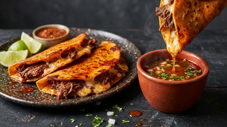 Crispy birria tacos dipped into a clay cup of red consomme with onion and cilantro
