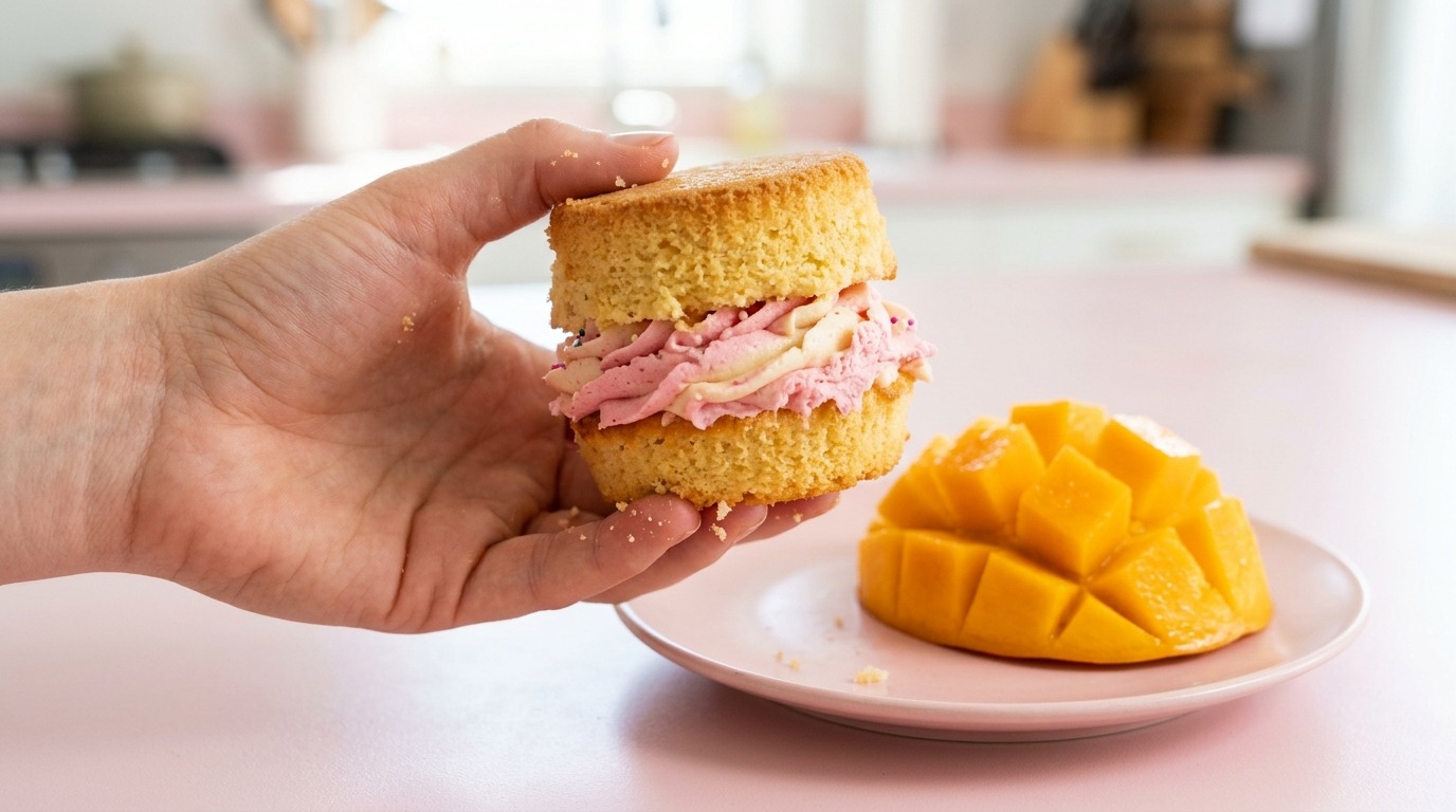 Eating a cupcake as a frosting sandwich next to a mango cut hedgehog style