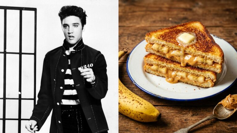 Elvis Presley in 1957 beside a fried peanut butter and banana sandwich