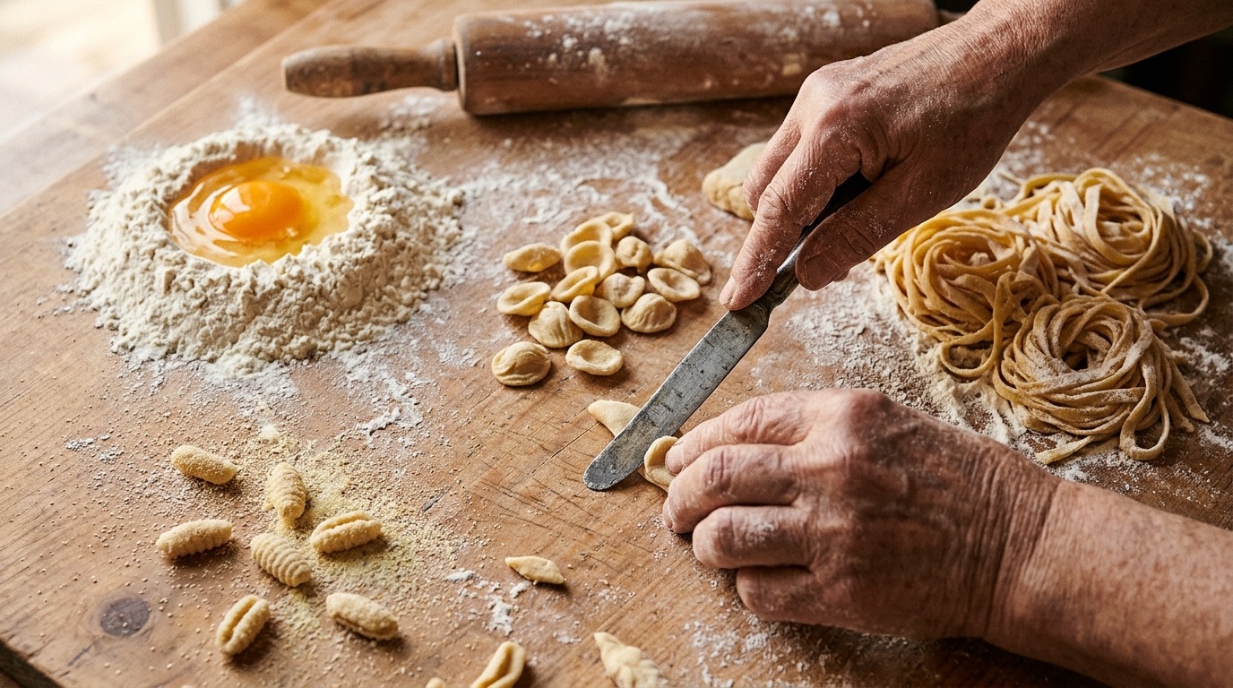 Hands shaping homemade pasta on a floured board beside fresh tagliatelle nests and a flour well with an egg