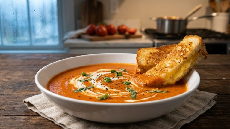 Bowl of cream of tomato soup with grilled cheese dippers by a rainy window