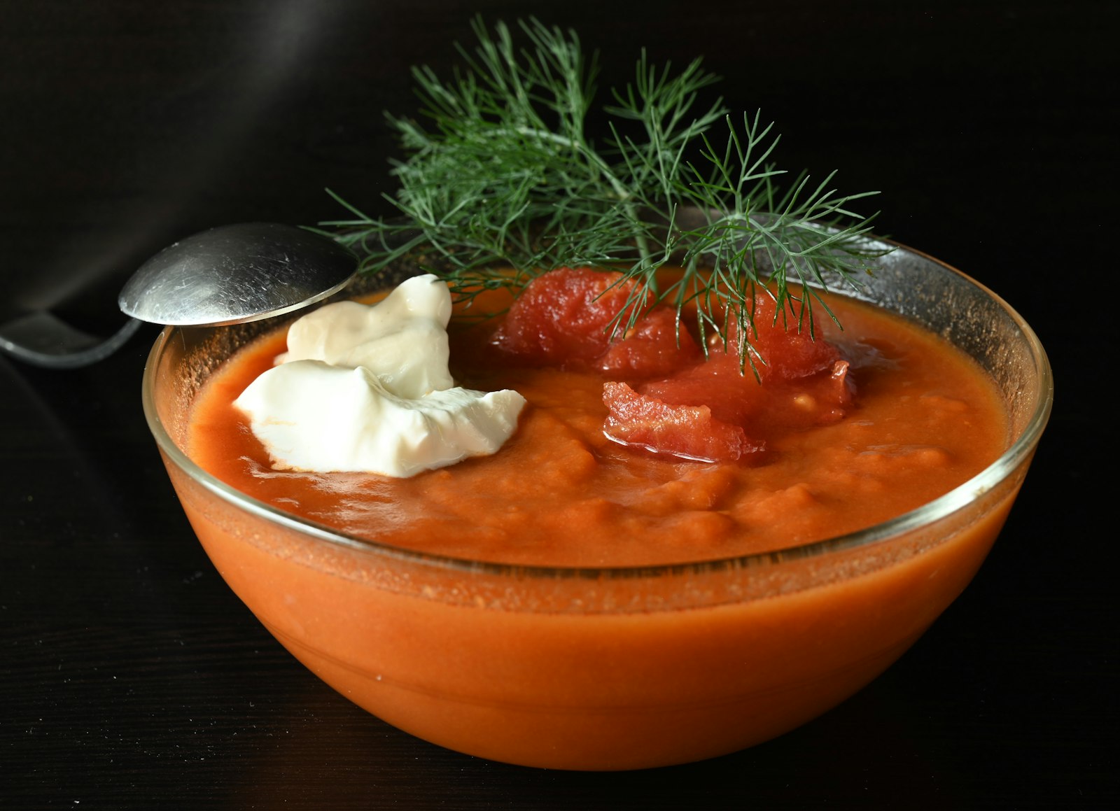 Bowl topped with sour cream and fresh dill