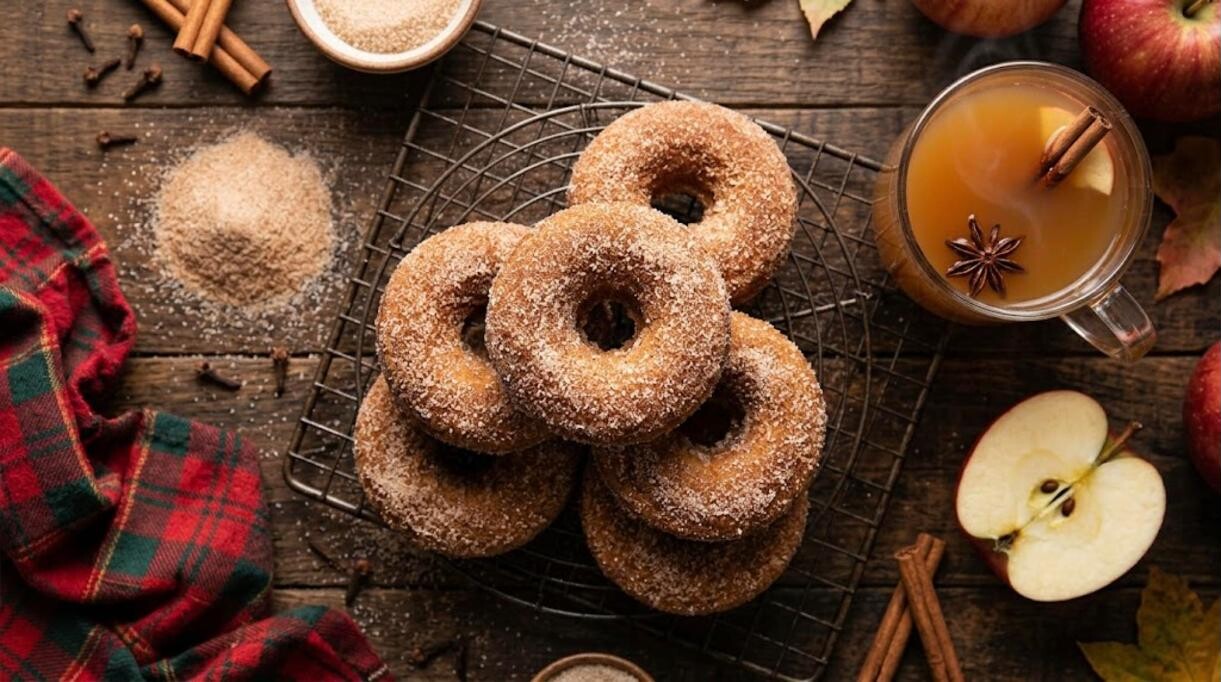 Baked apple cider donuts in cinnamon sugar with a mug of hot cider