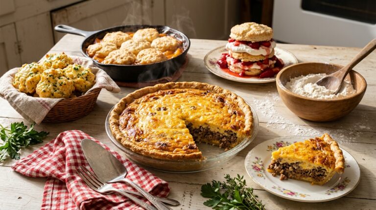Golden impossible cheeseburger pie with a slice on a vintage floral plate