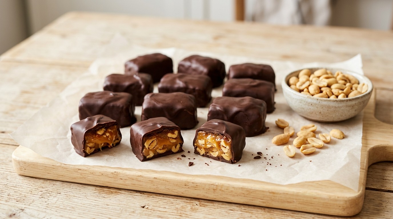 Homemade chocolate peanut chews on parchment