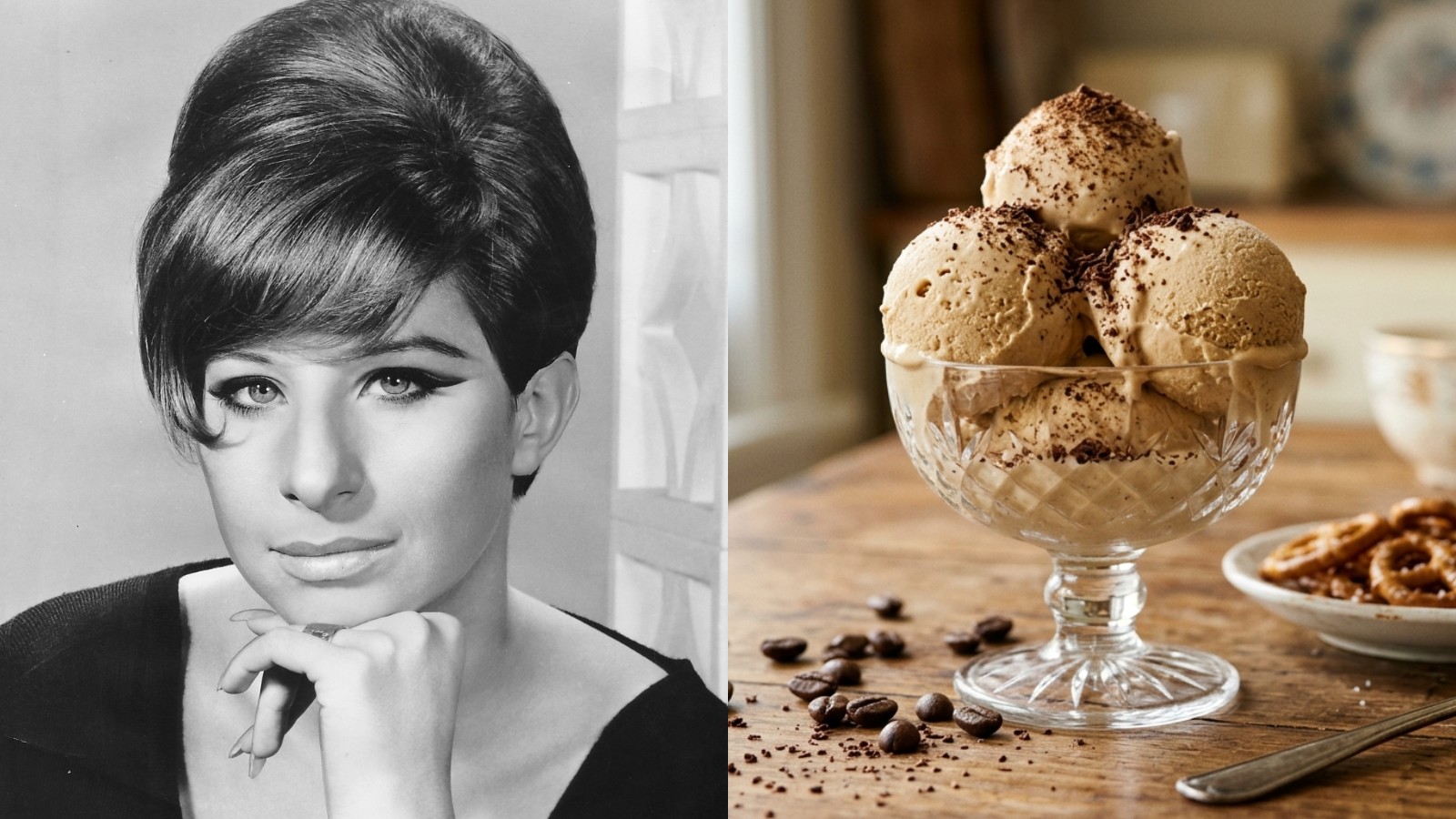 Barbra Streisand favorite food split image with her 1966 photo and coffee ice cream