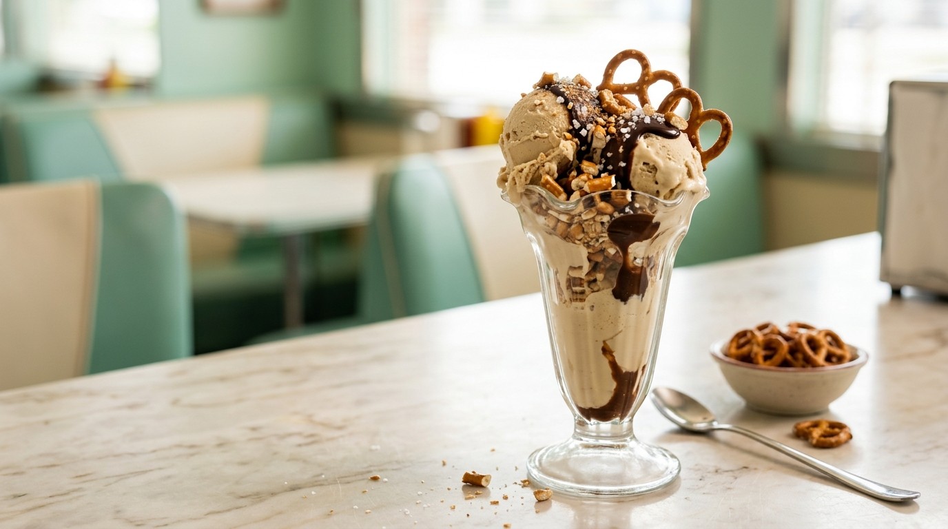 Coffee ice cream sundae topped with pretzels and fudge sauce