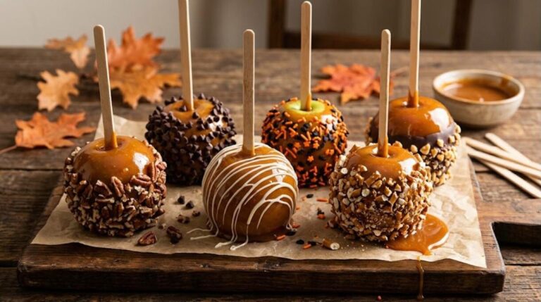 Homemade caramel apple ideas with pecans, pretzels, sprinkles and white chocolate