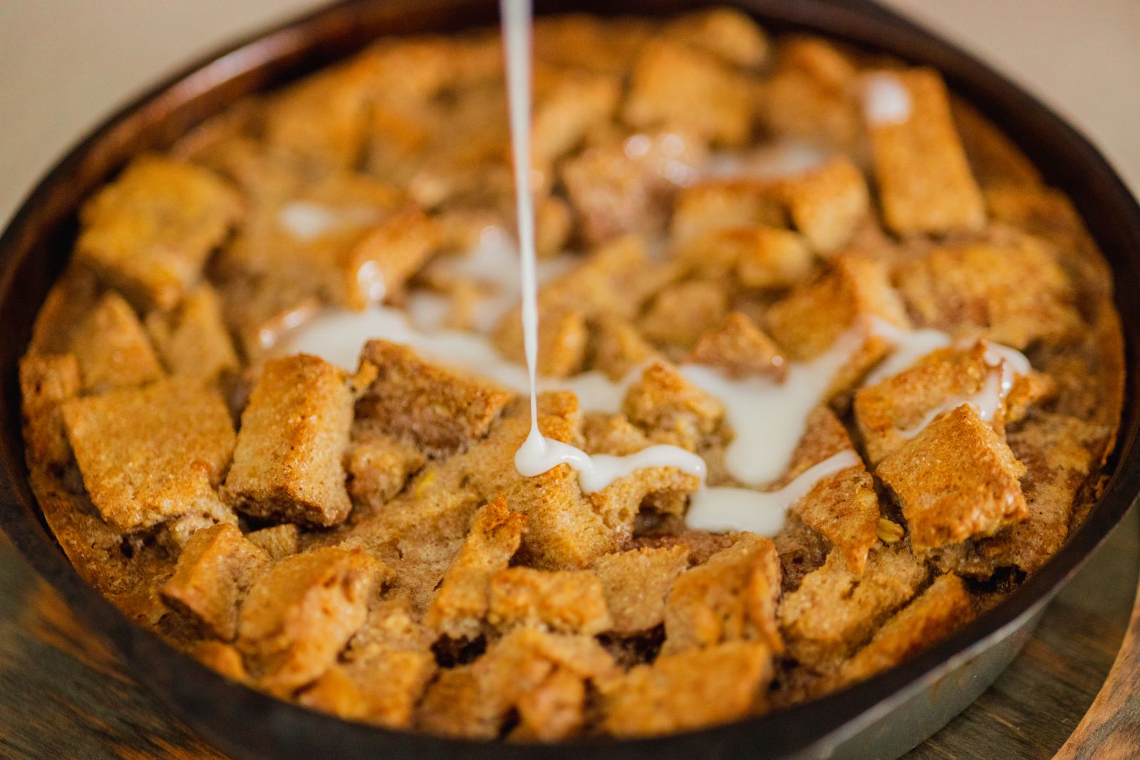 Bread pudding baked in a skillet