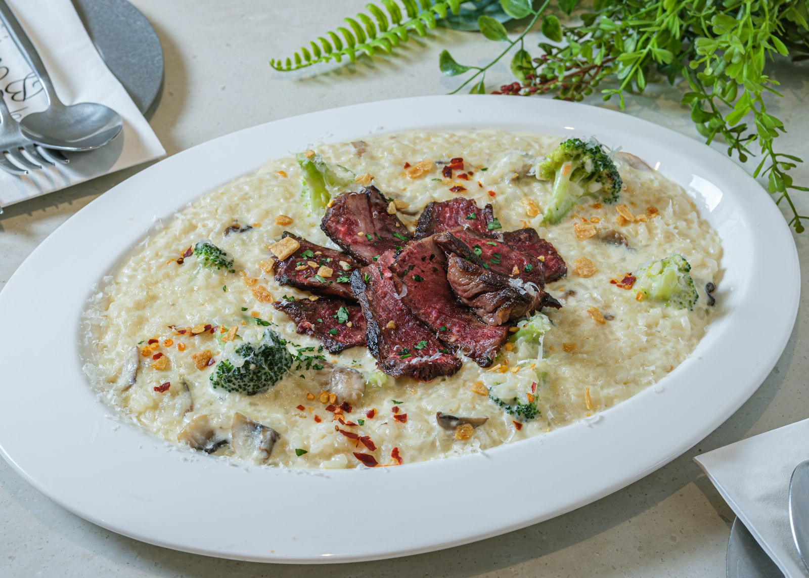 Creamy white sauce with thin sliced beef