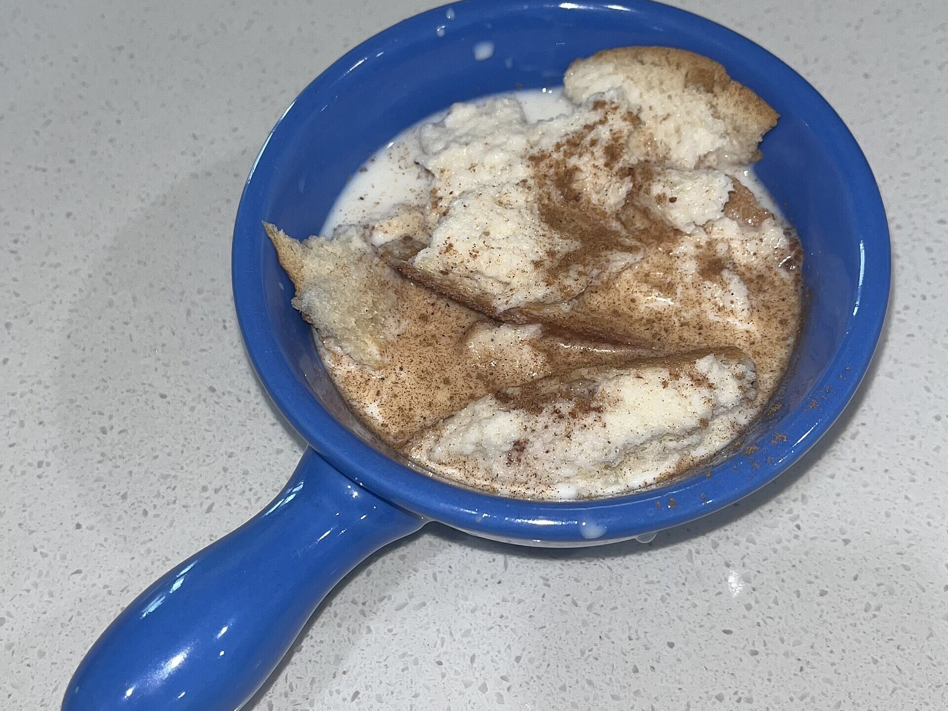 Milk toast with cinnamon in a blue dish