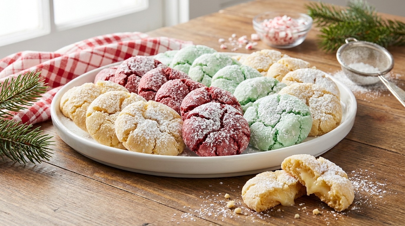 Christmas gooey butter cookies in red velvet, mint green and golden butter on a white platter