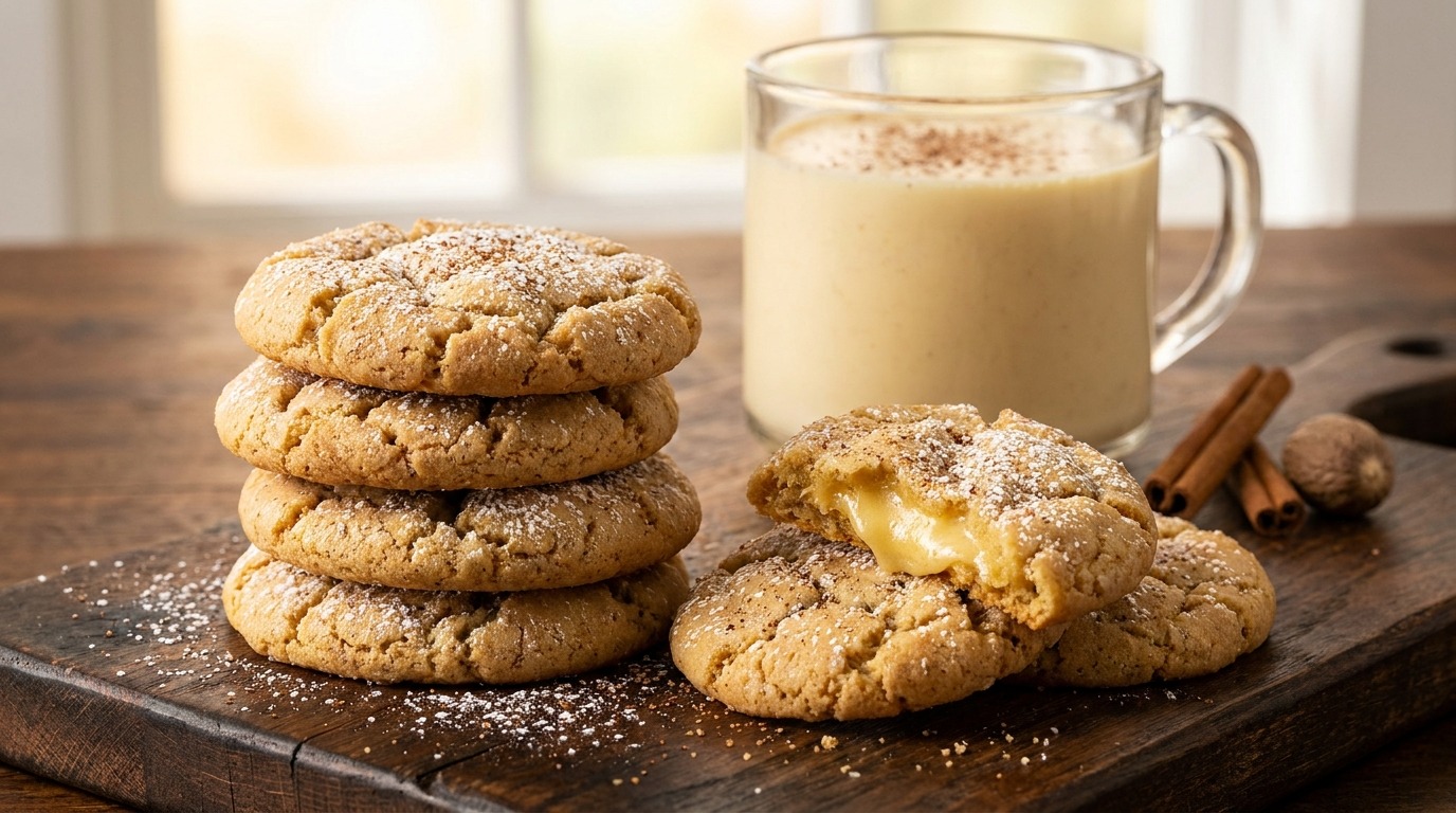 Eggnog spice bakes with a soft center next to a glass of eggnog and cinnamon sticks