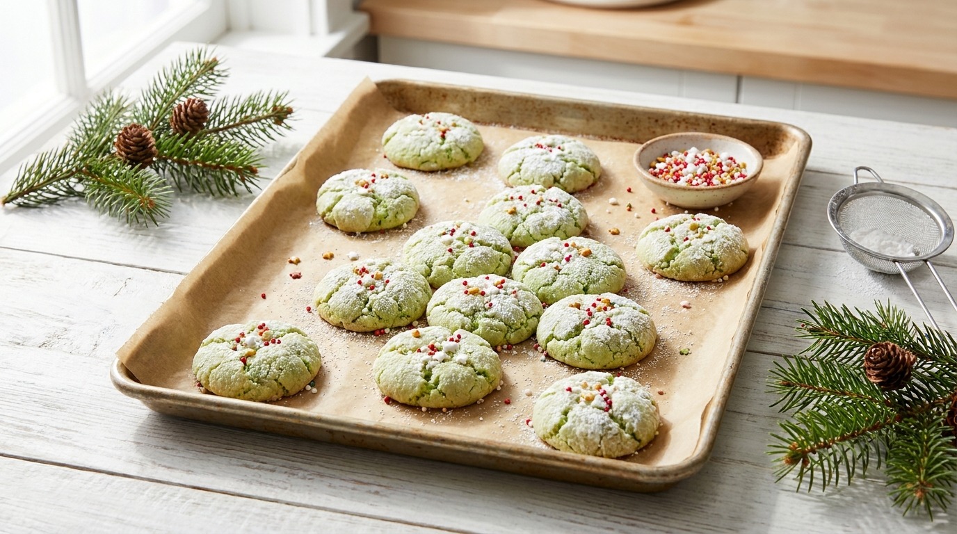 Soft green Christmas treats with powdered sugar and holiday sprinkles on a baking tray