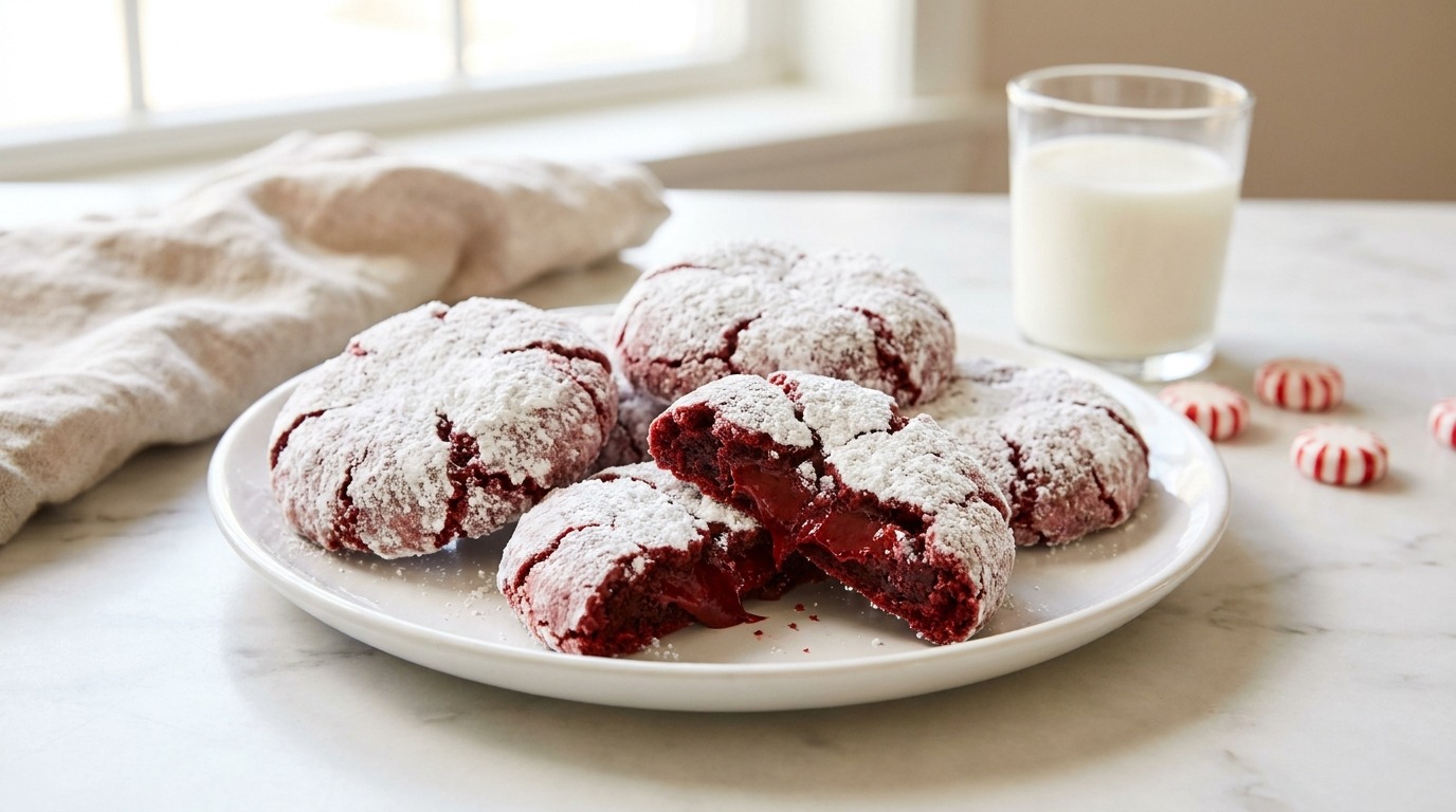 Red velvet gooey butter cookies with a powdered sugar crackle and a soft red center