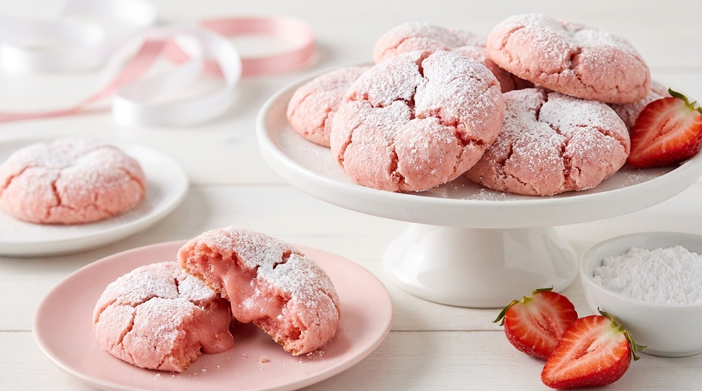 Pink strawberry gooey butter cookies on a white cake stand with fresh strawberries