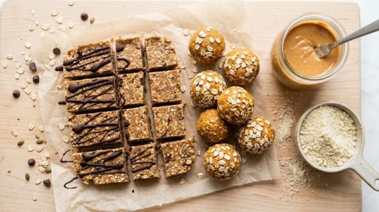 Homemade protein bars with chocolate drizzle and pumpkin protein balls