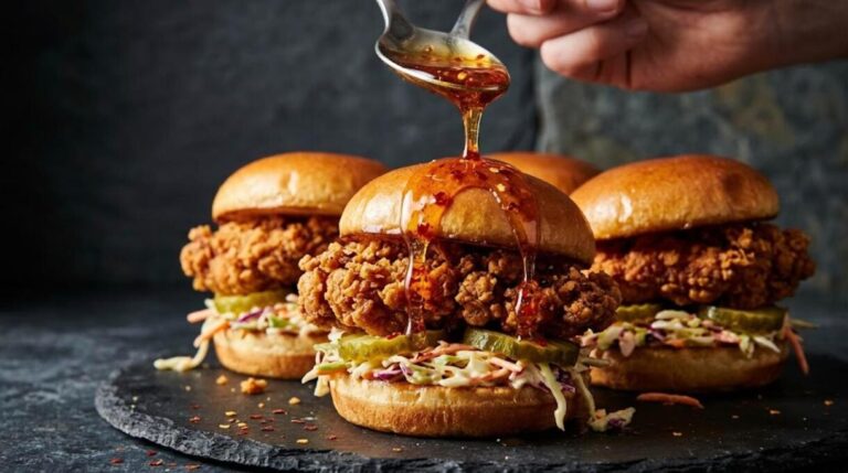 Hot honey drizzled over crispy chicken sliders with pickles and slaw