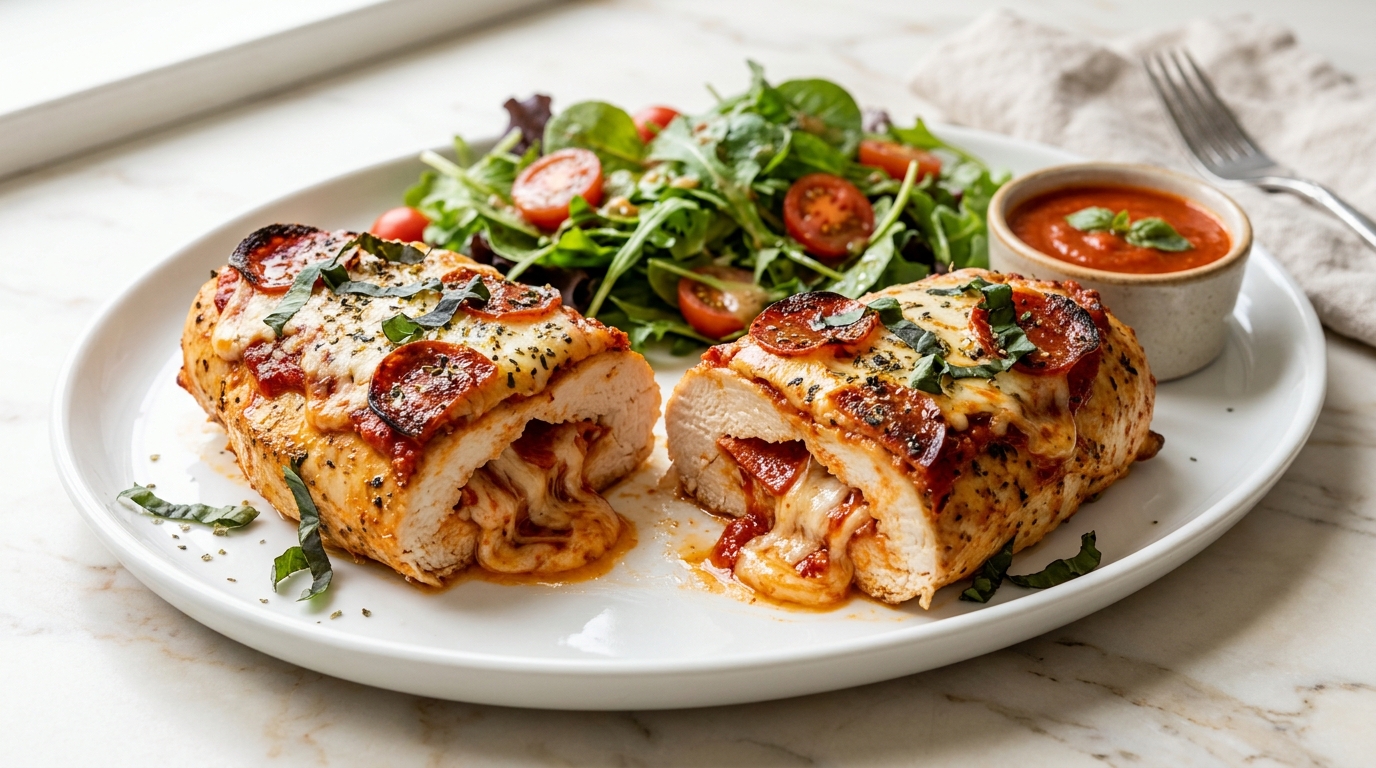 Two roasted chicken breasts sliced open to show mozzarella and pepperoni filling, salad on the side