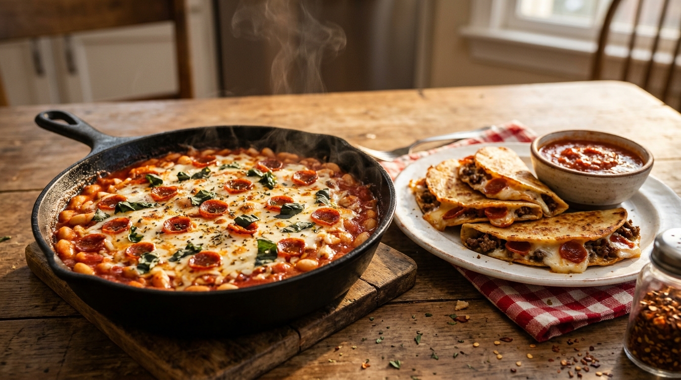 Pizza flavored dinners: cast iron skillet of white beans in marinara under melted mozzarella and pepperoni next to crispy tacos