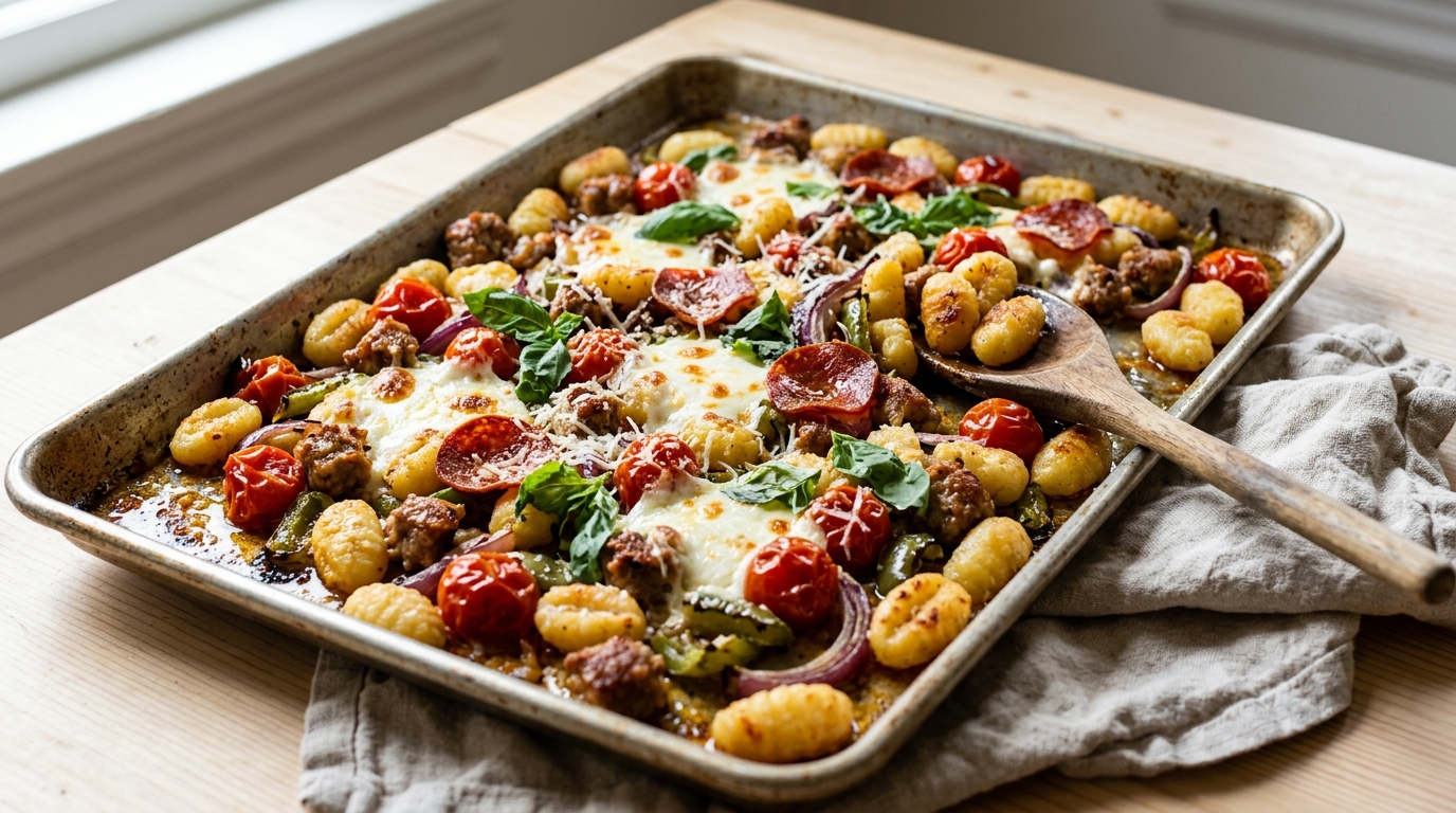 Pizza flavored dinners on a sheet pan: roasted gnocchi with cherry tomatoes, sausage, peppers and melted mozzarella