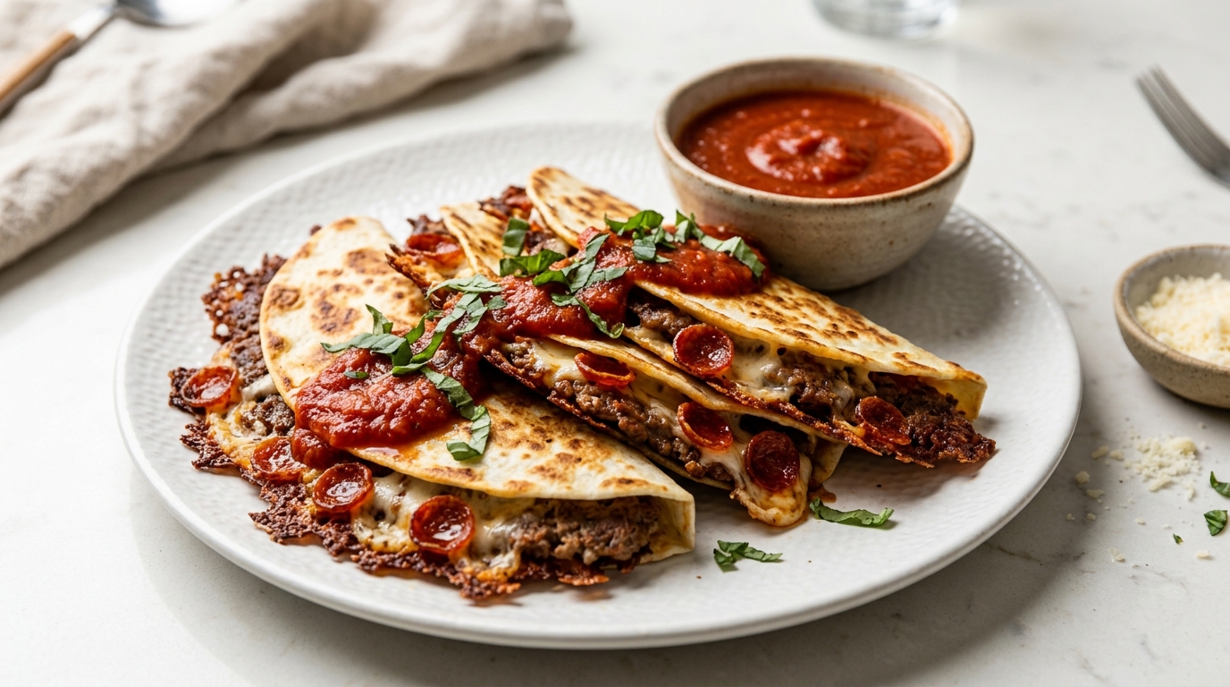 Crispy pressed tortillas folded around beef, melted mozzarella and mini pepperoni with marinara for dipping