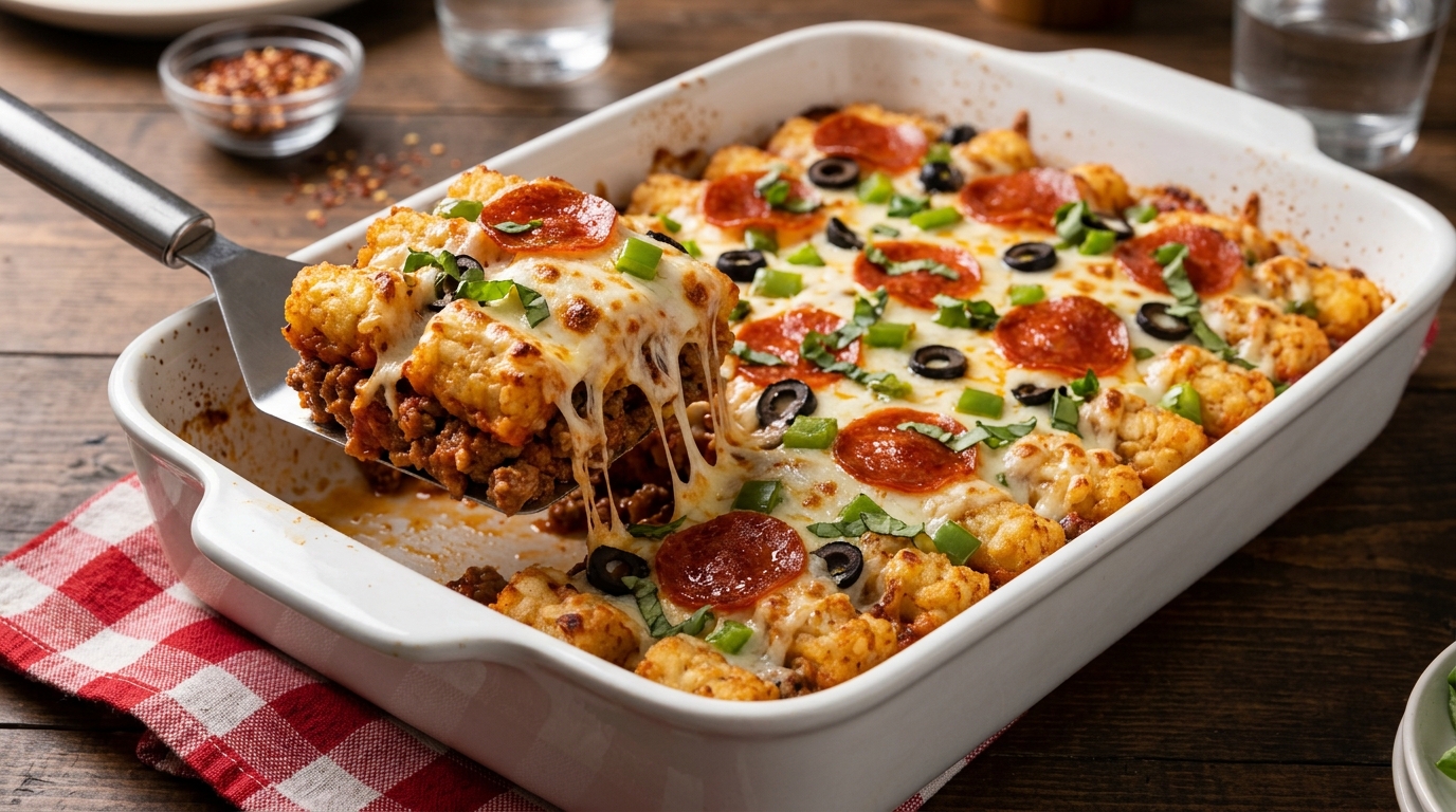 Pizza flavored dinners like this white baking dish of tater tot casserole with pepperoni, olives, green pepper and stretchy cheese