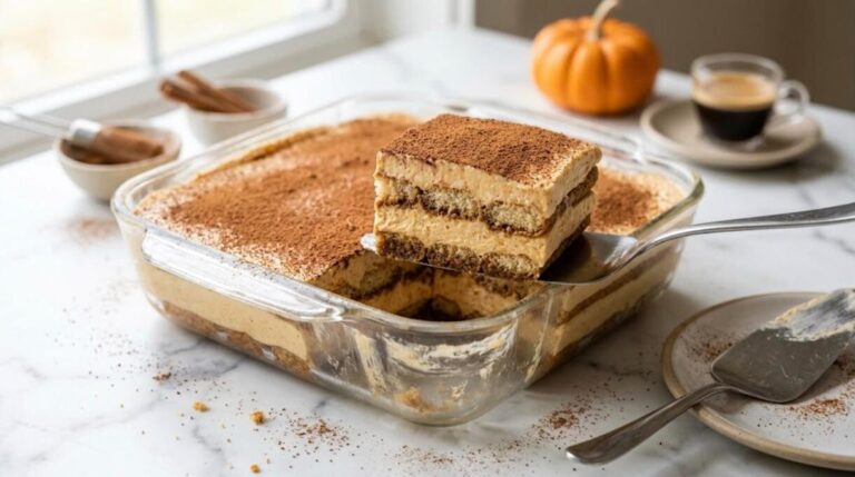 Pumpkin spice tiramisu slice lifted from a glass dish