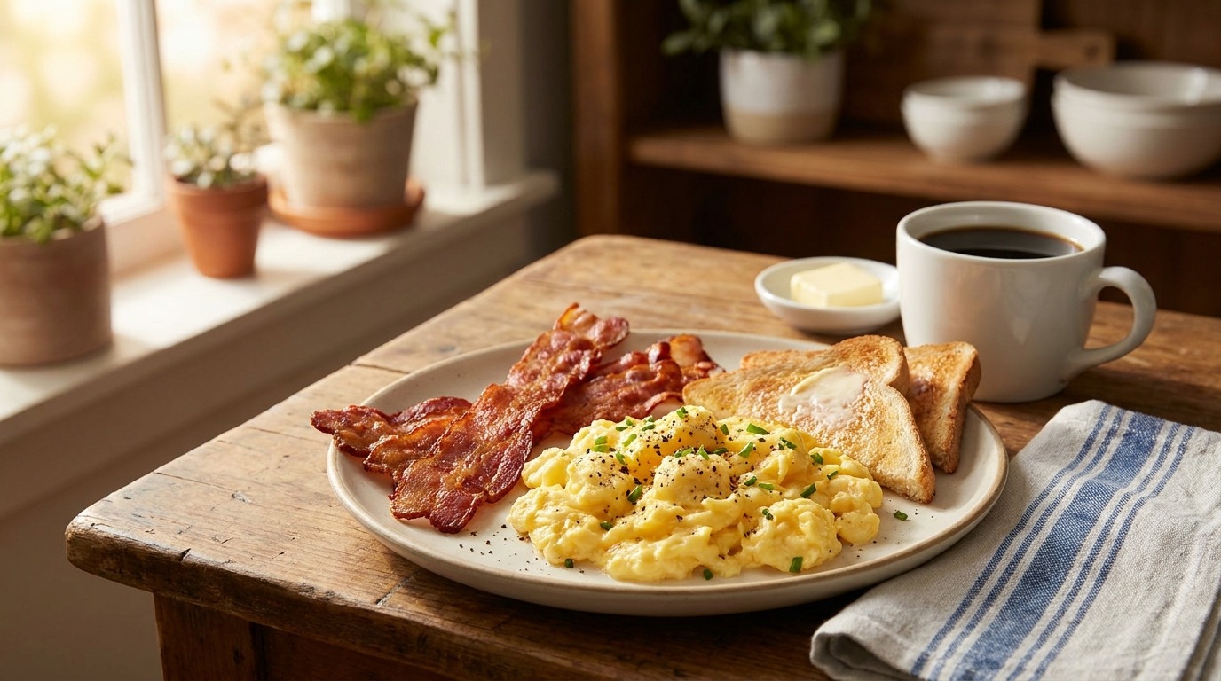 Crispy bacon strips with soft scrambled eggs and buttered toast on a farmhouse table