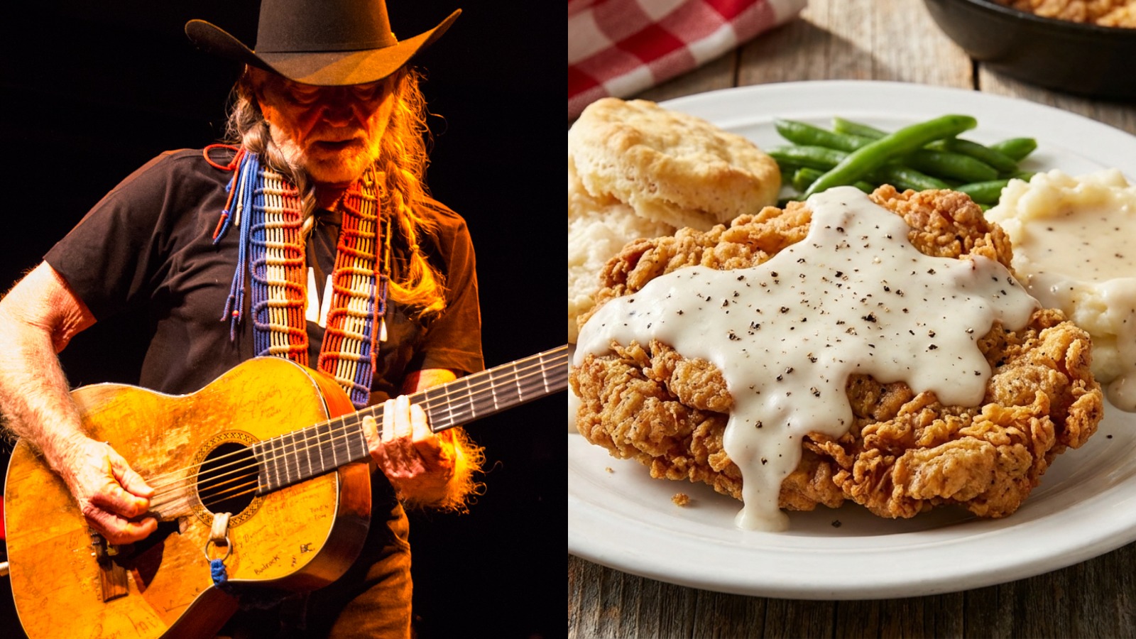 Willie Nelson comfort food split image with Willie Nelson on stage and chicken fried steak with cream gravy
